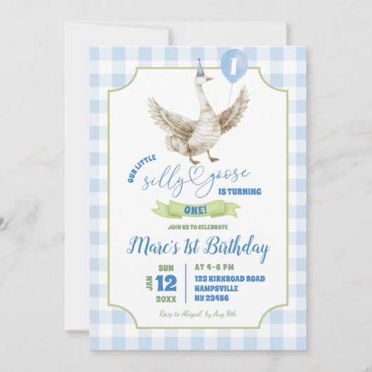ブルー名門私立校風のグース間抜けファースト誕生日招待状 招待状 (正面)