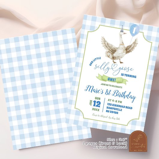 ブルー名門私立校風のグース間抜けファースト誕生日招待状 招待状