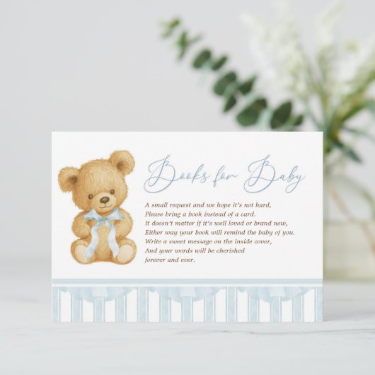 ブルー名門私立校風のテディベア男の赤ちゃん エンクロージャーカード (スタンド正面)