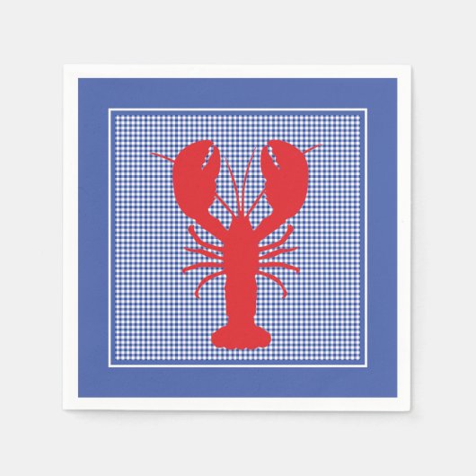 ブルー名門私立校風のホワイトギンガムレッドロブスターベークピクニック スタンダードカクテルナプキン (正面)