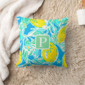 ブルー名門私立校風のレモンパターンイニシャル枕 クッション (ブランケット)