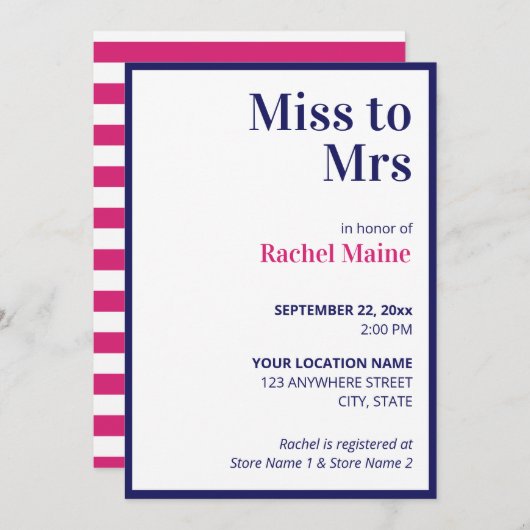 ブルー名門私立校風の&ピンクストライプブライダルシャワー 招待状 (正面/裏面)