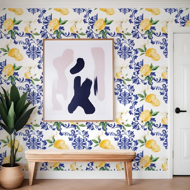 ブルー地中海のアンティークフローラ&レモンパターン 壁紙 (Mediterranean Blue Antique Floral & Lemon Pattern Wallpaper)