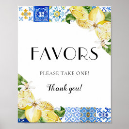 ブルー地中海のイタリアンタイルのレモンが看板を引き立てる ポスター