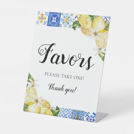 ブルー地中海のイタリアンタイルのレモンが看板を引き立てる 台座サイン (正面)