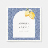 ブルー地中海のイタリアンタイル結婚レモン スタンダードカクテルナプキン (正面)