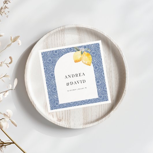 ブルー地中海のイタリアンタイル結婚レモン スタンダードカクテルナプキン