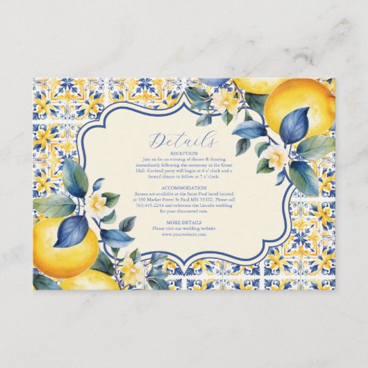 ブルー地中海のイタリアンタイル&レモ結婚ン エンクロージャーカード (正面)