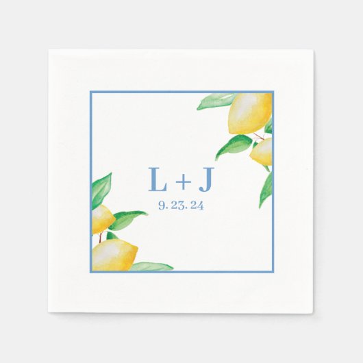 ブルー地中海のウォーター色レモ結婚ン スタンダードカクテルナプキン (正面)