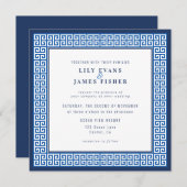 ブルー地中海のギリシャ鍵結婚式招待状 招待状 (正面/裏面)