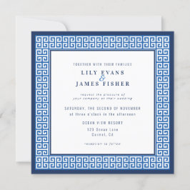 ブルー地中海のギリシャ鍵結婚式招待状 招待状