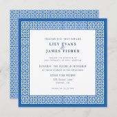 ブルー地中海のギリシャ鍵結婚式招待状 招待状 (正面/裏面)