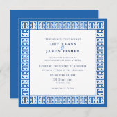ブルー地中海のギリシャ鍵結婚式招待状 招待状 (正面/裏面)