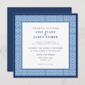 ブルー地中海のギリシャ鍵結婚式招待状 招待状 (正面/裏面)