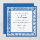 ブルー地中海のギリシャ鍵結婚式招待状 招待状 (正面/裏面)