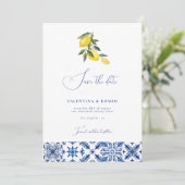 ブルー地中海のシトラスの結婚式は日付を保存 招待状 (スタンド正面)