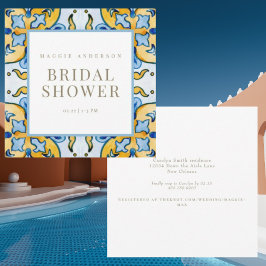 ブルー地中海のスクエアブライダルシャワー 招待状