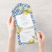 ブルー地中海のタイタリアンイル結婚レモン オールインワン招待状 (貼ってはがせる)