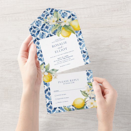 ブルー地中海のタイタリアンイル結婚レモン オールインワン招待状 (貼ってはがせる)