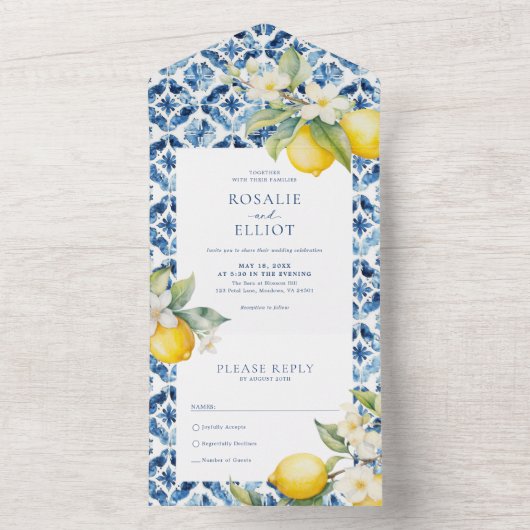ブルー地中海のタイタリアンイル結婚レモン オールインワン招待状 (内側)