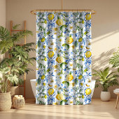 ブルー地中海のタイルとレモン シャワーカーテン