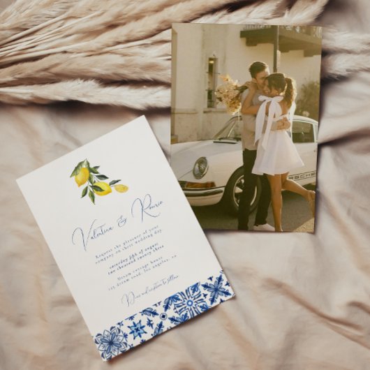 ブルー地中海のタイルと柑橘類結婚の写真 招待状