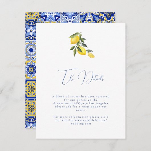 ブルー地中海のタイルと柑橘類結婚詳細 エンクロージャーカード (正面/裏面)