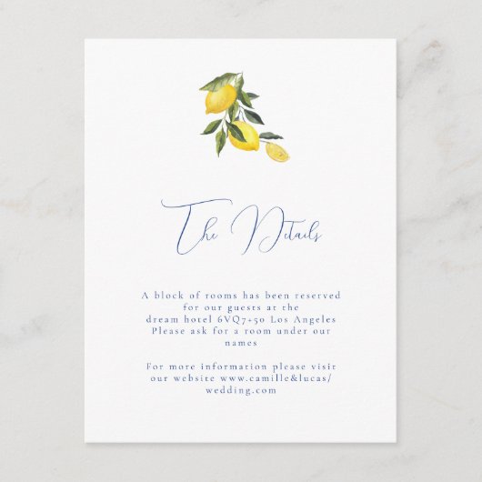 ブルー地中海のタイルと柑橘類結婚詳細 エンクロージャーカード (正面)