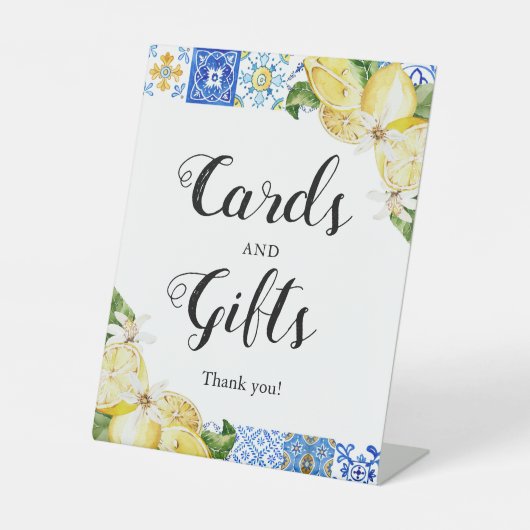 ブルー地中海のタイルのレモンのカードとギフトサイン 台座サイン (正面)