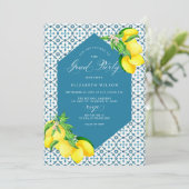 ブルー地中海のタイルのレモン写真卒業 招待状 (スタンド正面)