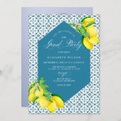 ブルー地中海のタイルのレモン写真卒業 招待状 (正面/裏面)