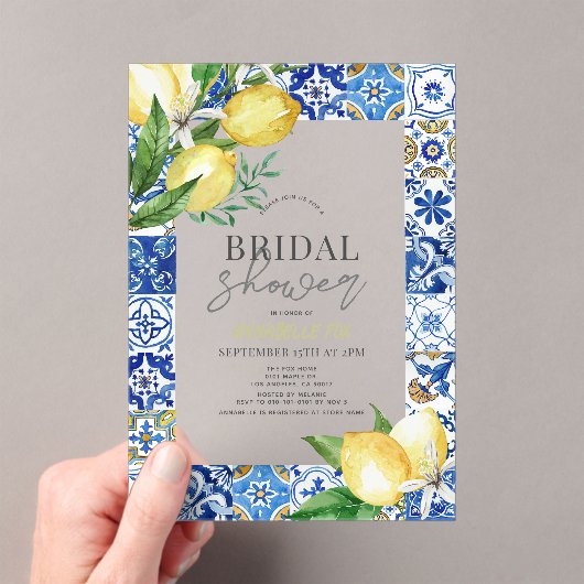 ブルー地中海のタイルシトラスレモンブライダルシャワー アクリル招待状 (インサイチュ (ポータブル))