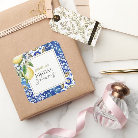 ブルー地中海のタイルシトラスレモンブライダルシャワー スクエアシール (ギフト)
