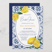 ブルー地中海のタイルシトラスレモンブライダルシャワー 招待状 (正面/裏面)