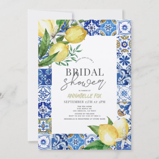 ブルー地中海のタイルシトラスレモンブライダルシャワー 招待状 (正面)