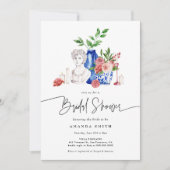 ブルー地中海のタイルピンクフローラブライダルシャワー 招待状 (正面)