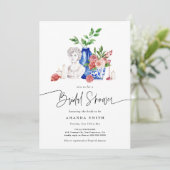 ブルー地中海のタイルピンクフローラブライダルシャワー 招待状 (スタンド正面)