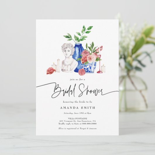 ブルー地中海のタイルピンクフローラブライダルシャワー 招待状 (スタンド正面)