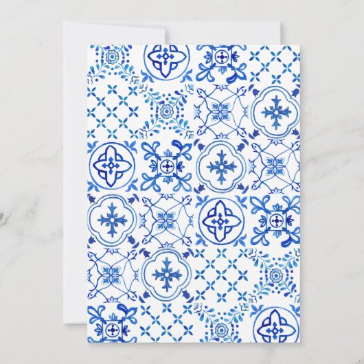 ブルー地中海のタイルピンクフローラブライダルシャワー 招待状 (裏面)