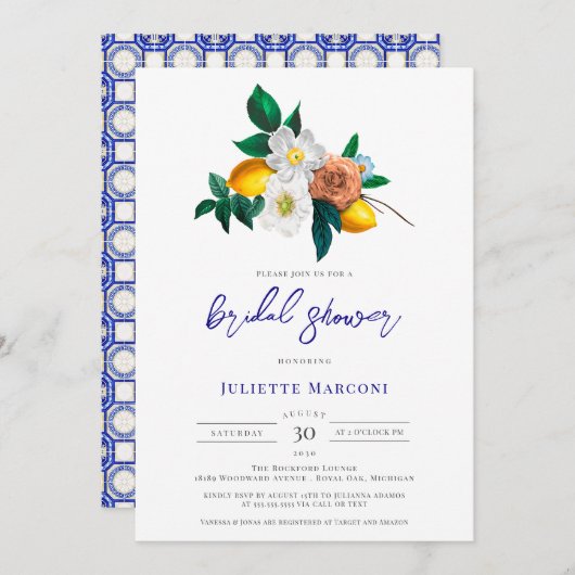 ブルー地中海のタイルフローラレモンブライダルシャワー 招待状 (正面/裏面)