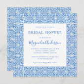 ブルー地中海のタイルブライダルシャワースクエア 招待状 (正面/裏面)