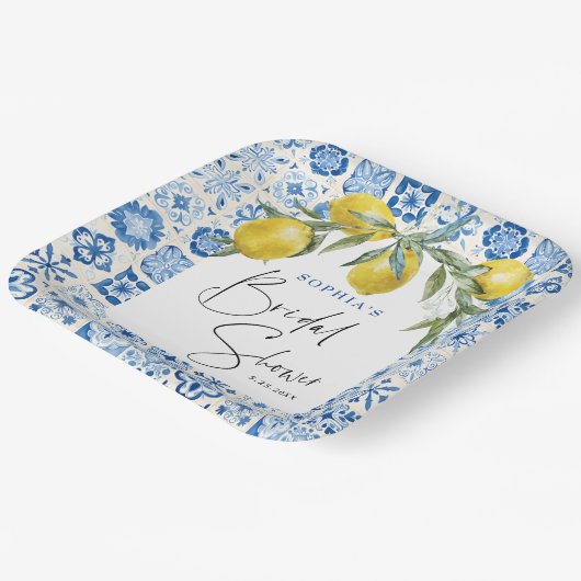 ブルー地中海のタイルブライダルシャワー紙プレート ペーパープレート (傾斜あり)