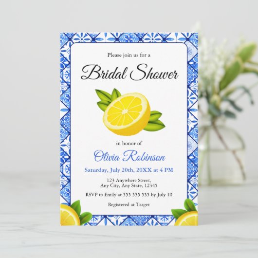 ブルー地中海のタイルレモンフォトブライダルシャワー 招待状 (スタンド正面)