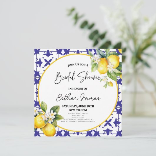 ブルー地中海のタイルレモンフローラブライダルシャワー 招待状 (スタンド正面)