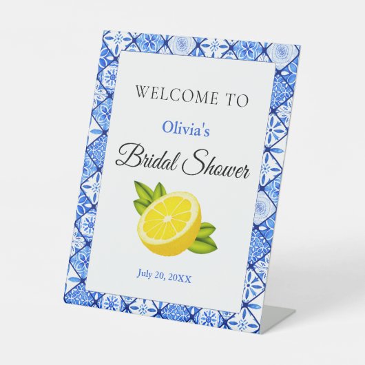 ブルー地中海のタイルレモンブライダルシャワーへようこそ 台座サイン (正面)
