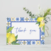 ブルー地中海のタイルレモンブライダルシャワー標識 サンキューカード (スタンド正面)