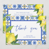 ブルー地中海のタイルレモンブライダルシャワー標識 サンキューカード (正面/裏面)