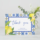 ブルー地中海のタイルレモンブライダルシャワー標識 サンキューカード (スタンド正面)
