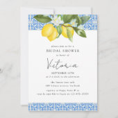 ブルー地中海のタイルレモンブライダルシャワー 招待状 (正面)