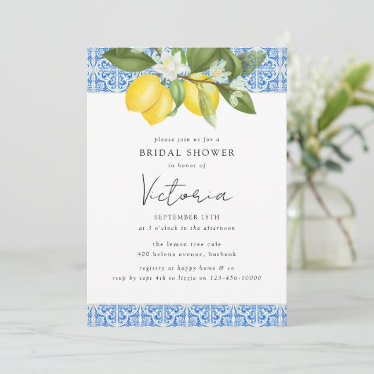 ブルー地中海のタイルレモンブライダルシャワー 招待状 (スタンド正面)